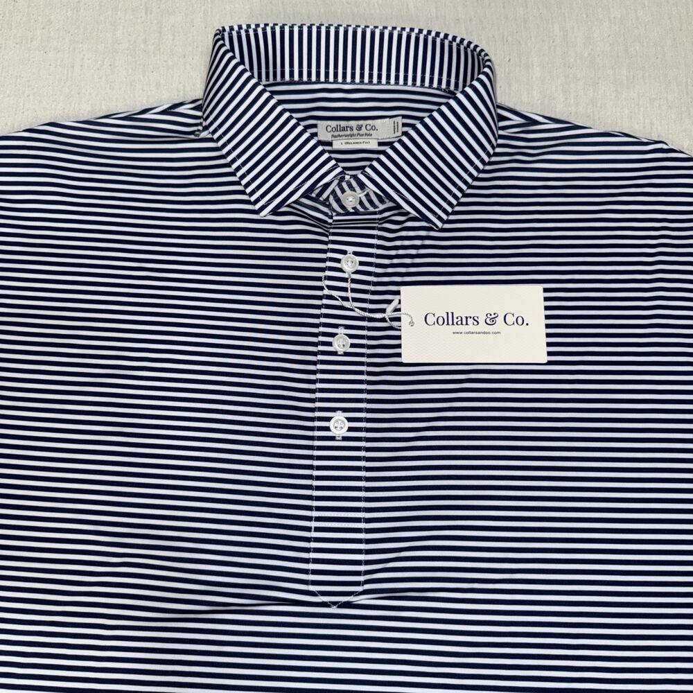 Collars & Co Polo Newport Navy Stripe AOP Large Relaxed Featherweight Flex NWT